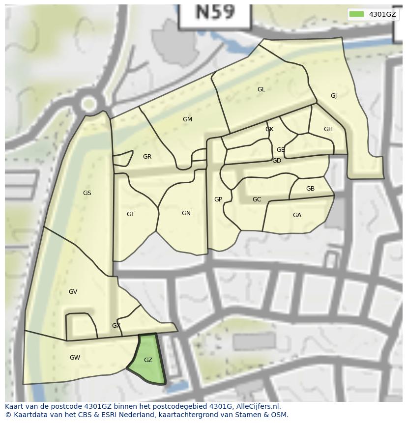 Afbeelding van het postcodegebied 4301 GZ op de kaart.