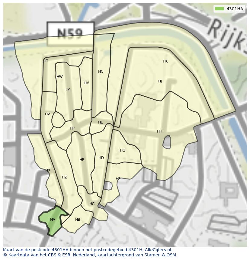 Afbeelding van het postcodegebied 4301 HA op de kaart.