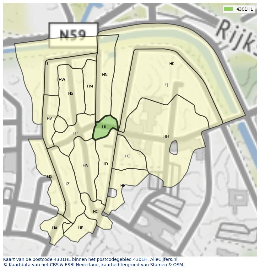 Afbeelding van het postcodegebied 4301 HL op de kaart.