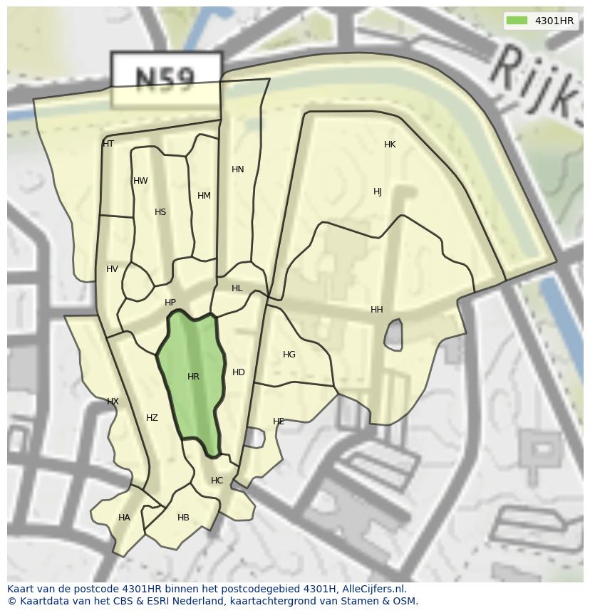 Afbeelding van het postcodegebied 4301 HR op de kaart.