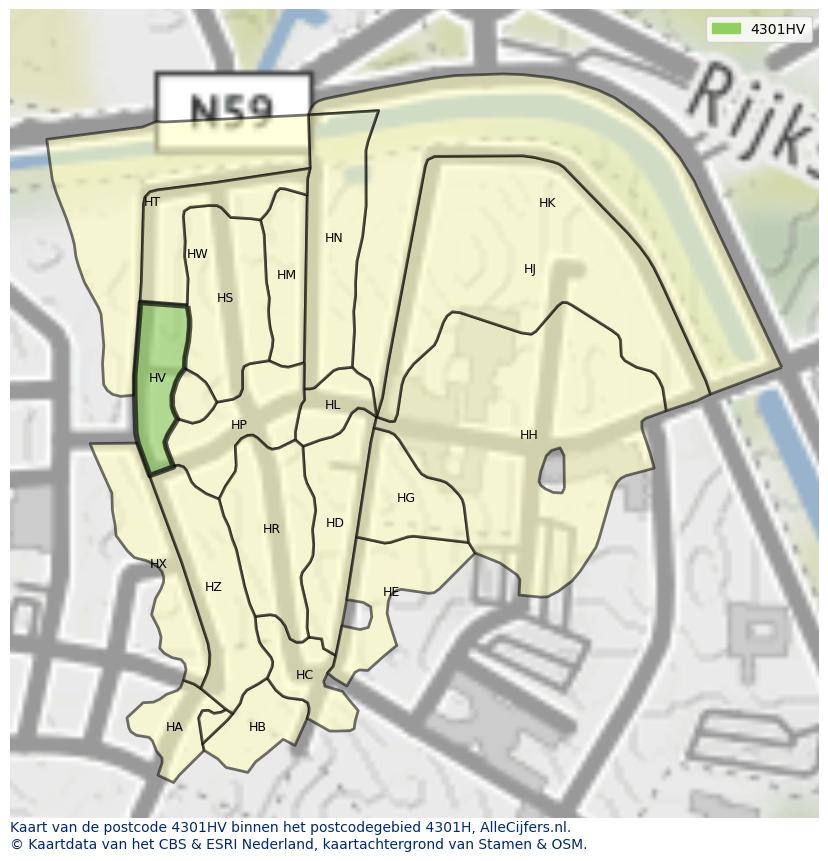 Afbeelding van het postcodegebied 4301 HV op de kaart.