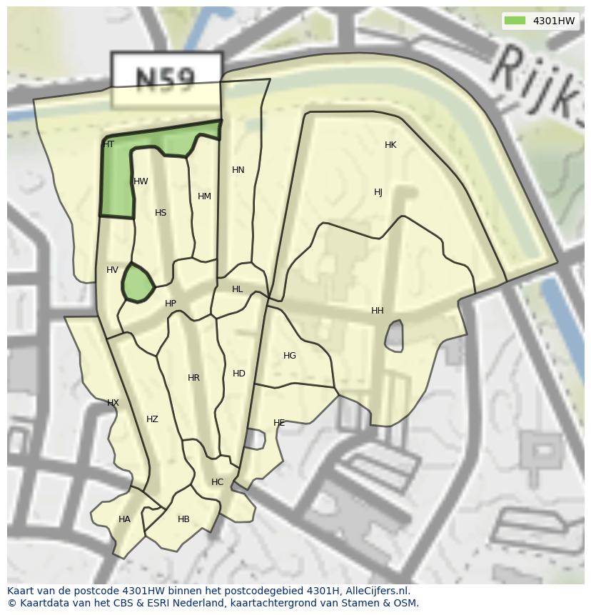 Afbeelding van het postcodegebied 4301 HW op de kaart.