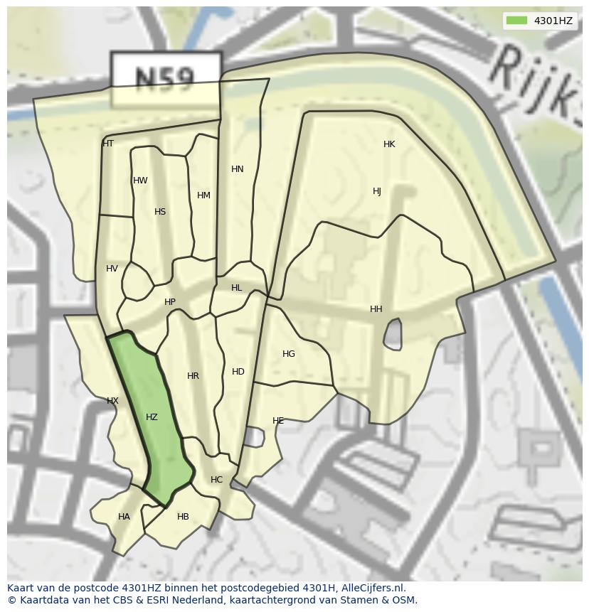 Afbeelding van het postcodegebied 4301 HZ op de kaart.
