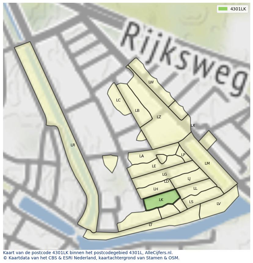 Afbeelding van het postcodegebied 4301 LK op de kaart.