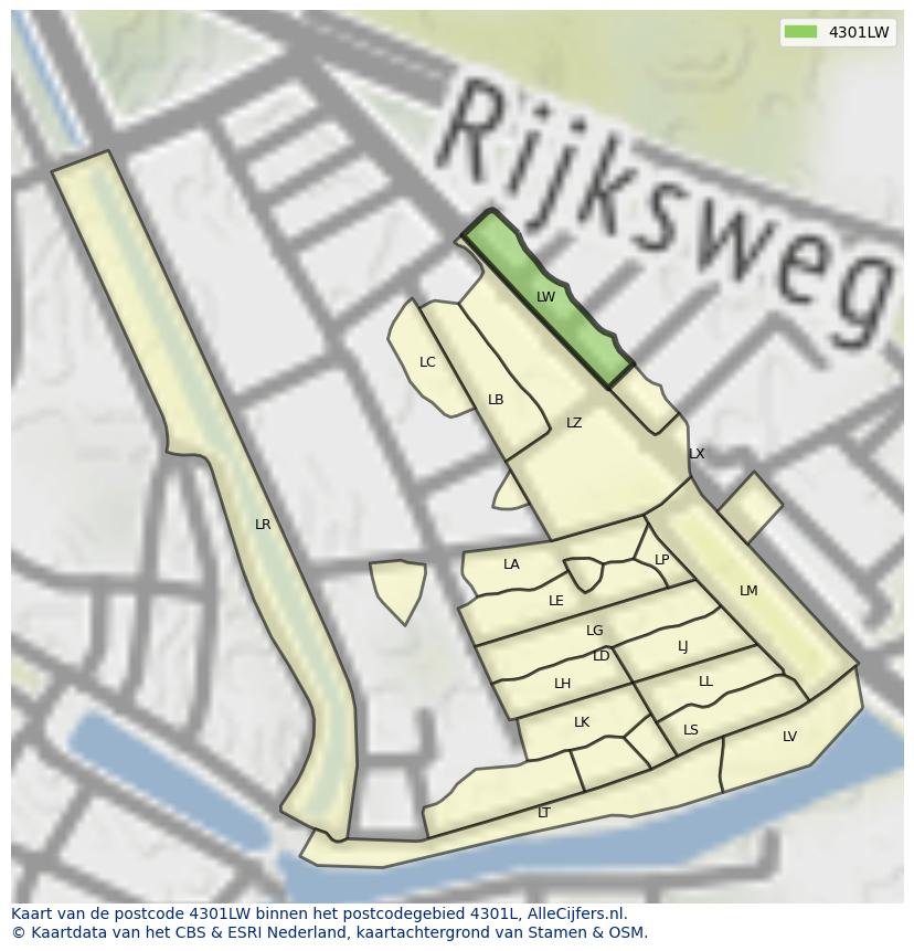 Afbeelding van het postcodegebied 4301 LW op de kaart.