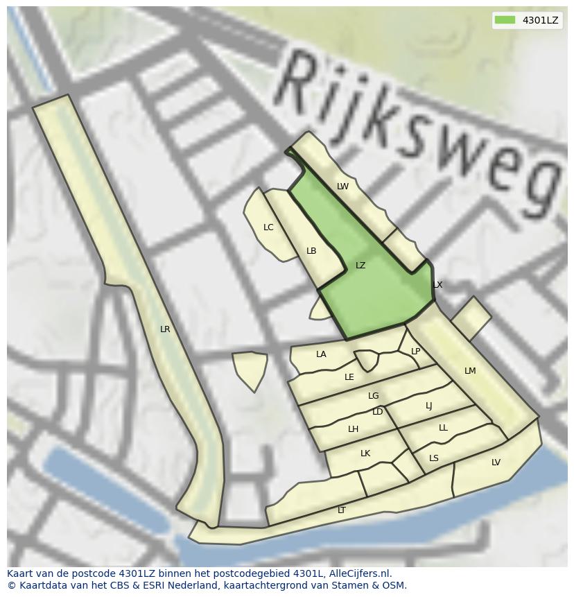 Afbeelding van het postcodegebied 4301 LZ op de kaart.