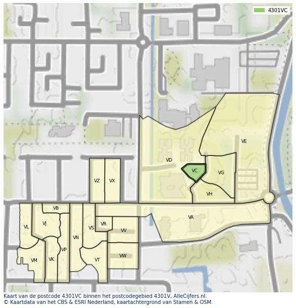Afbeelding van het postcodegebied 4301 VC op de kaart.