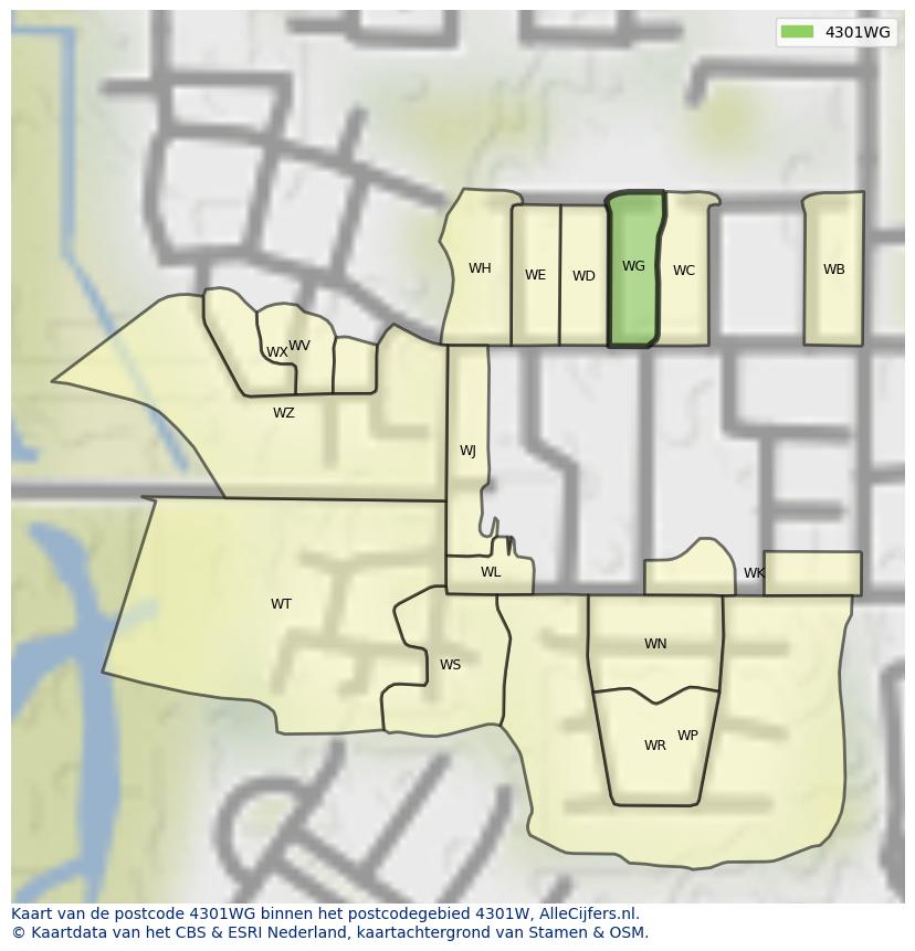 Afbeelding van het postcodegebied 4301 WG op de kaart.