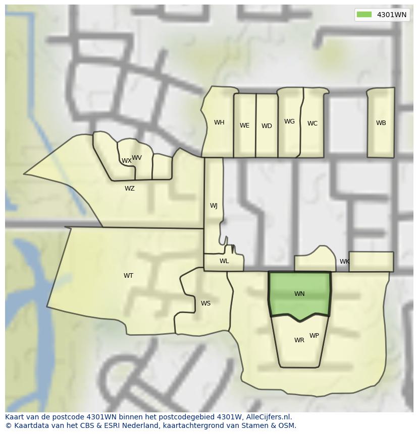 Afbeelding van het postcodegebied 4301 WN op de kaart.