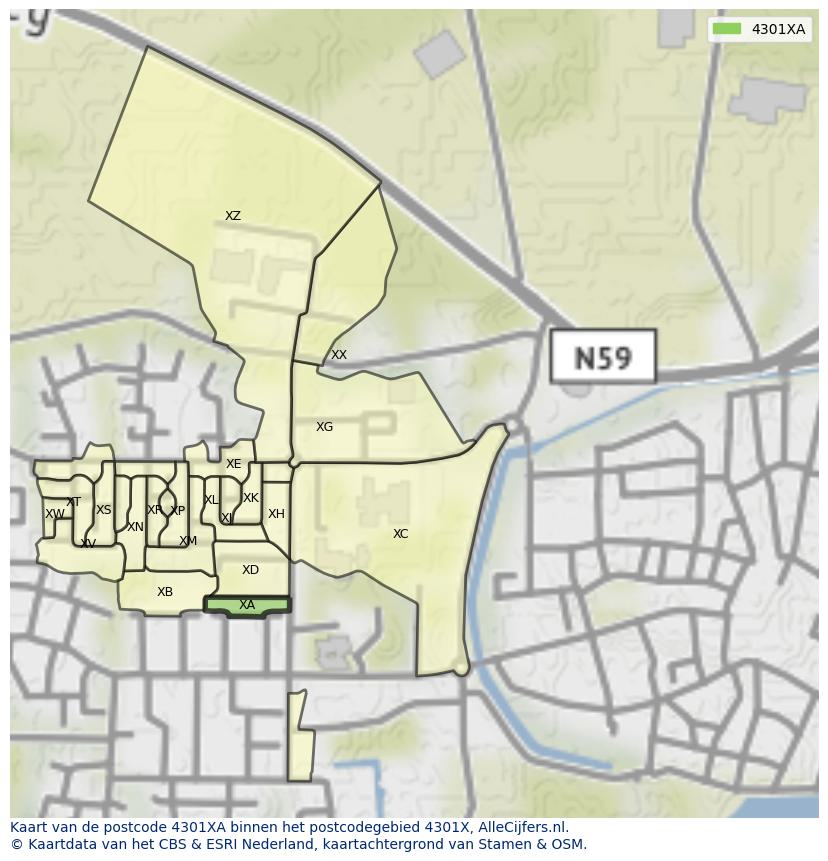 Afbeelding van het postcodegebied 4301 XA op de kaart.
