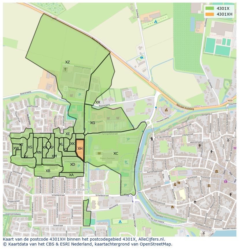 Afbeelding van het postcodegebied 4301 XH op de kaart.