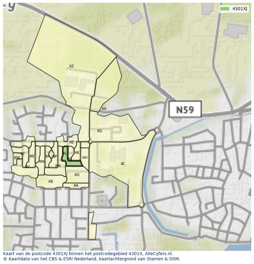 Afbeelding van het postcodegebied 4301 XJ op de kaart.