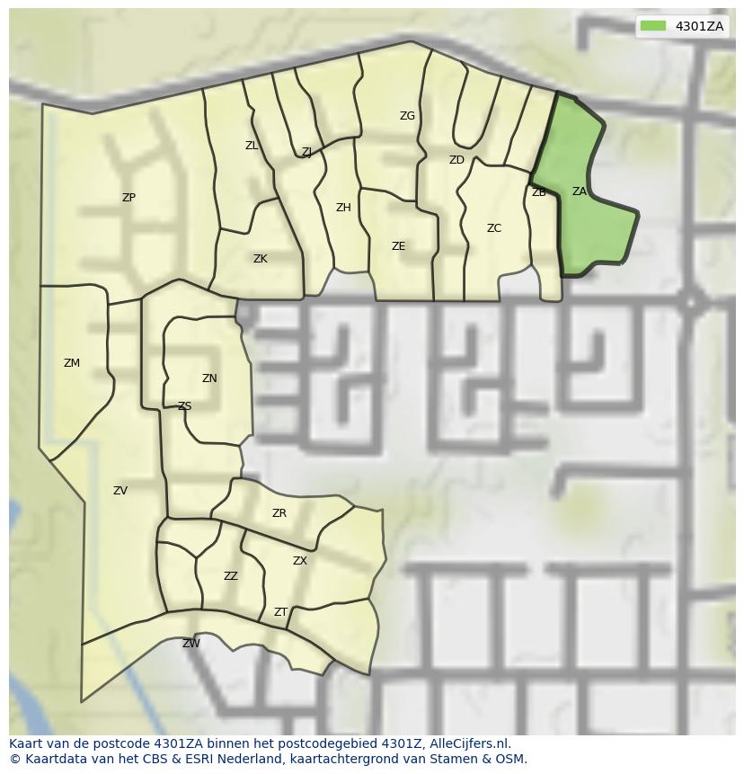 Afbeelding van het postcodegebied 4301 ZA op de kaart.