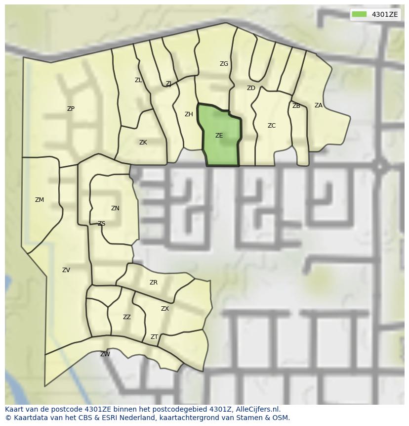 Afbeelding van het postcodegebied 4301 ZE op de kaart.