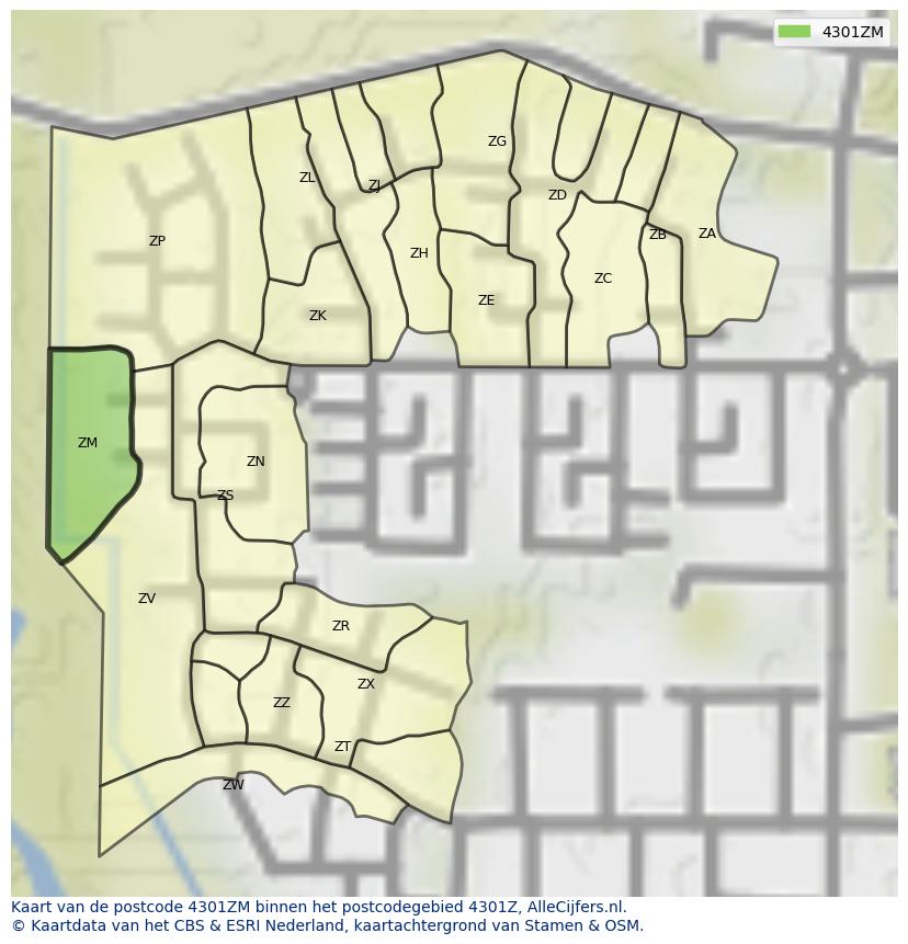 Afbeelding van het postcodegebied 4301 ZM op de kaart.