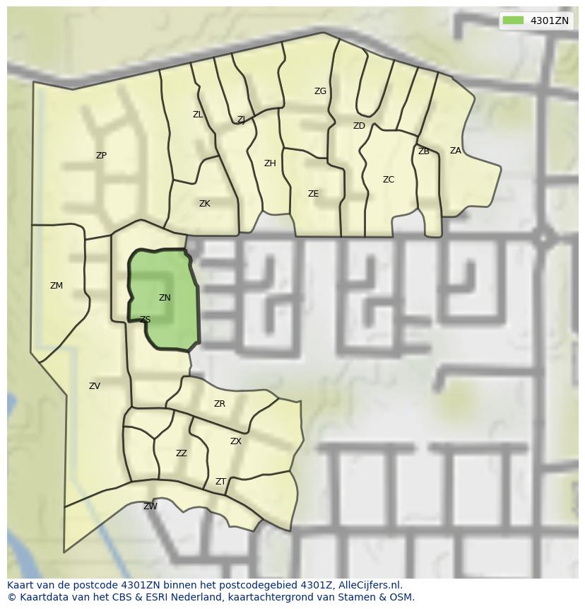 Afbeelding van het postcodegebied 4301 ZN op de kaart.