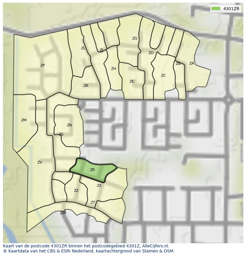Afbeelding van het postcodegebied 4301 ZR op de kaart.