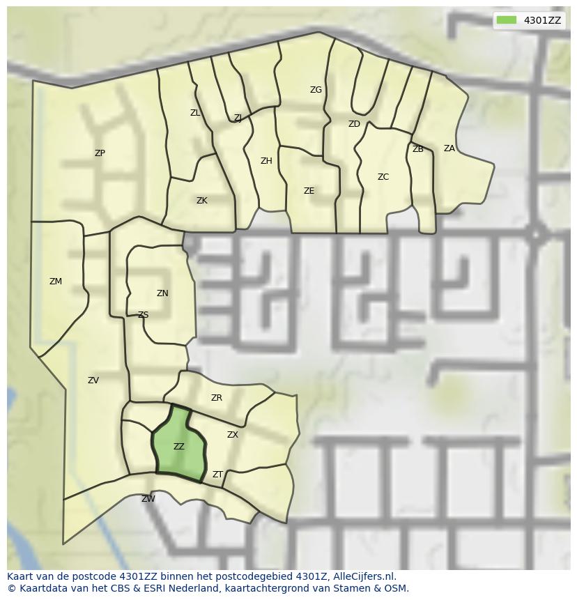 Afbeelding van het postcodegebied 4301 ZZ op de kaart.