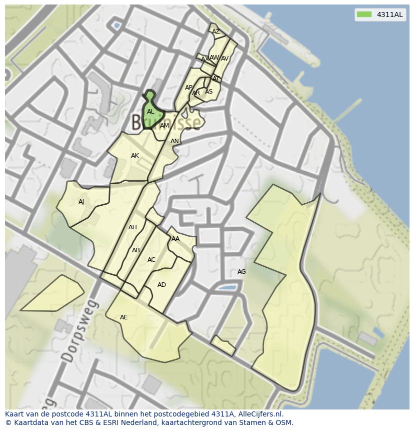 Afbeelding van het postcodegebied 4311 AL op de kaart.