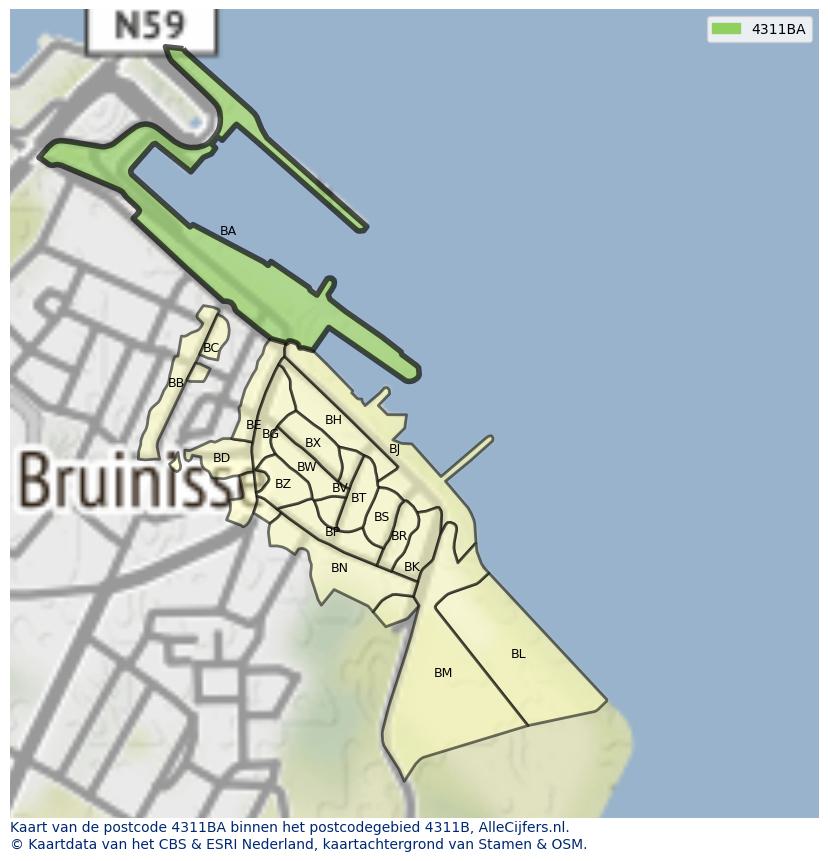 Afbeelding van het postcodegebied 4311 BA op de kaart.