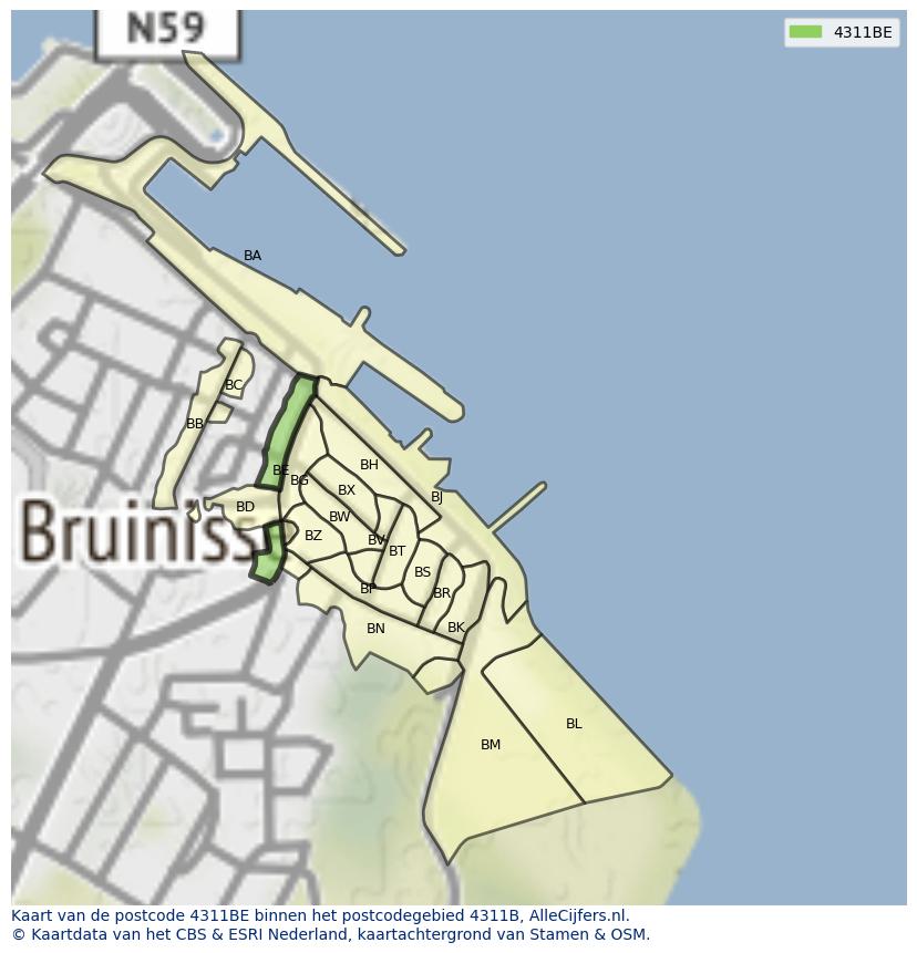 Afbeelding van het postcodegebied 4311 BE op de kaart.