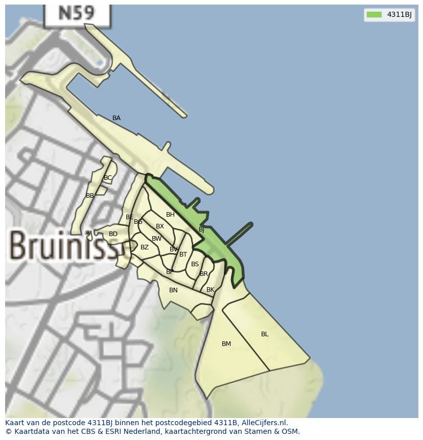 Afbeelding van het postcodegebied 4311 BJ op de kaart.