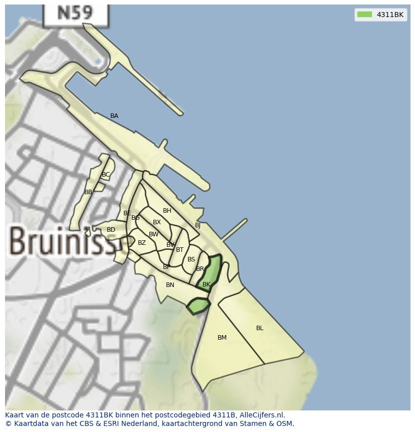 Afbeelding van het postcodegebied 4311 BK op de kaart.