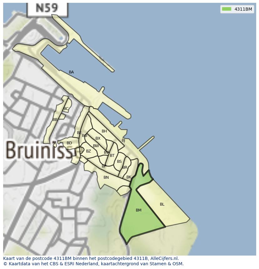 Afbeelding van het postcodegebied 4311 BM op de kaart.
