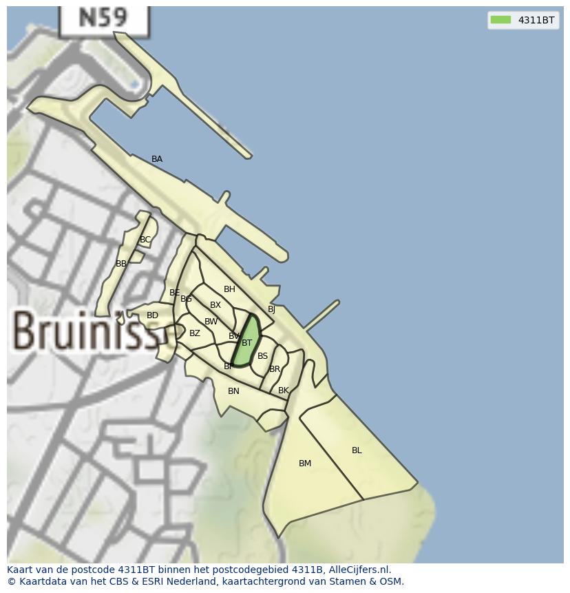 Afbeelding van het postcodegebied 4311 BT op de kaart.