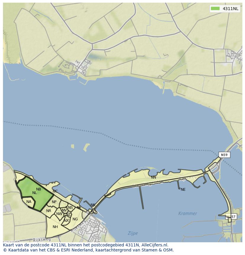 Afbeelding van het postcodegebied 4311 NL op de kaart.