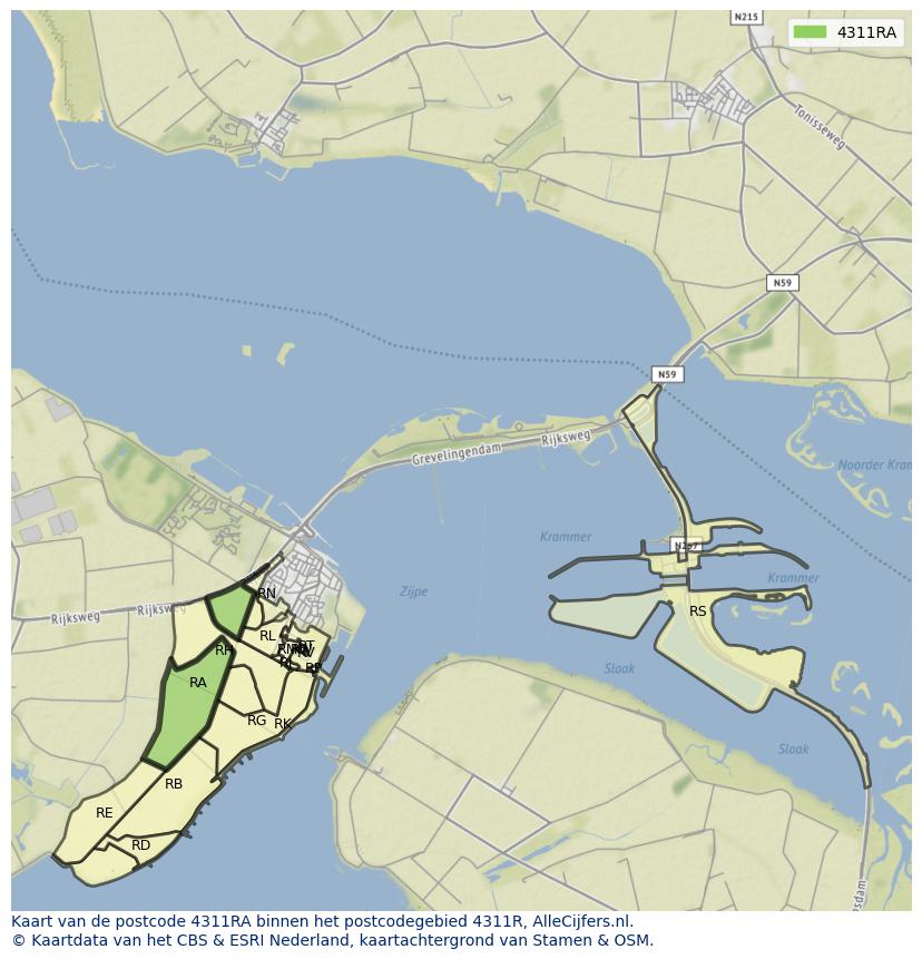 Afbeelding van het postcodegebied 4311 RA op de kaart.