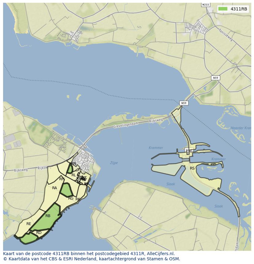 Afbeelding van het postcodegebied 4311 RB op de kaart.