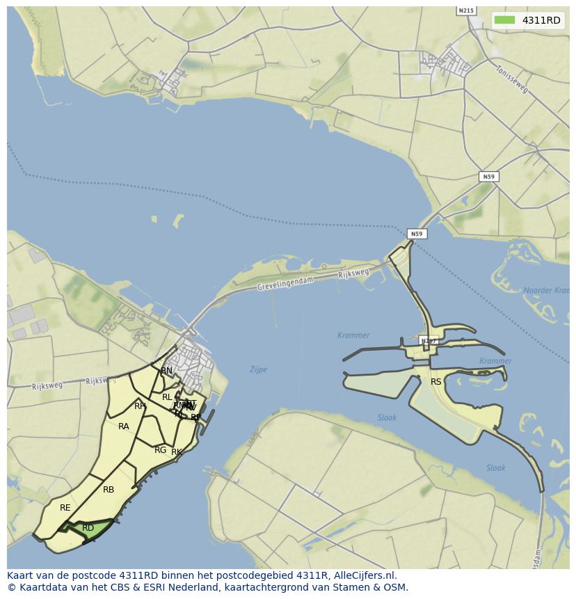 Afbeelding van het postcodegebied 4311 RD op de kaart.