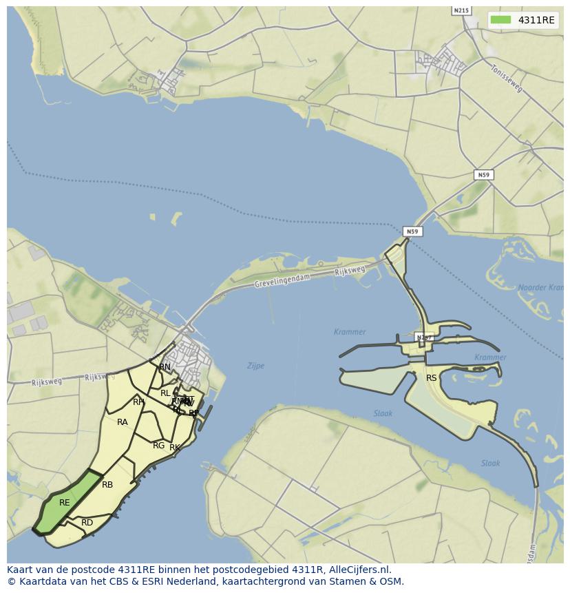 Afbeelding van het postcodegebied 4311 RE op de kaart.