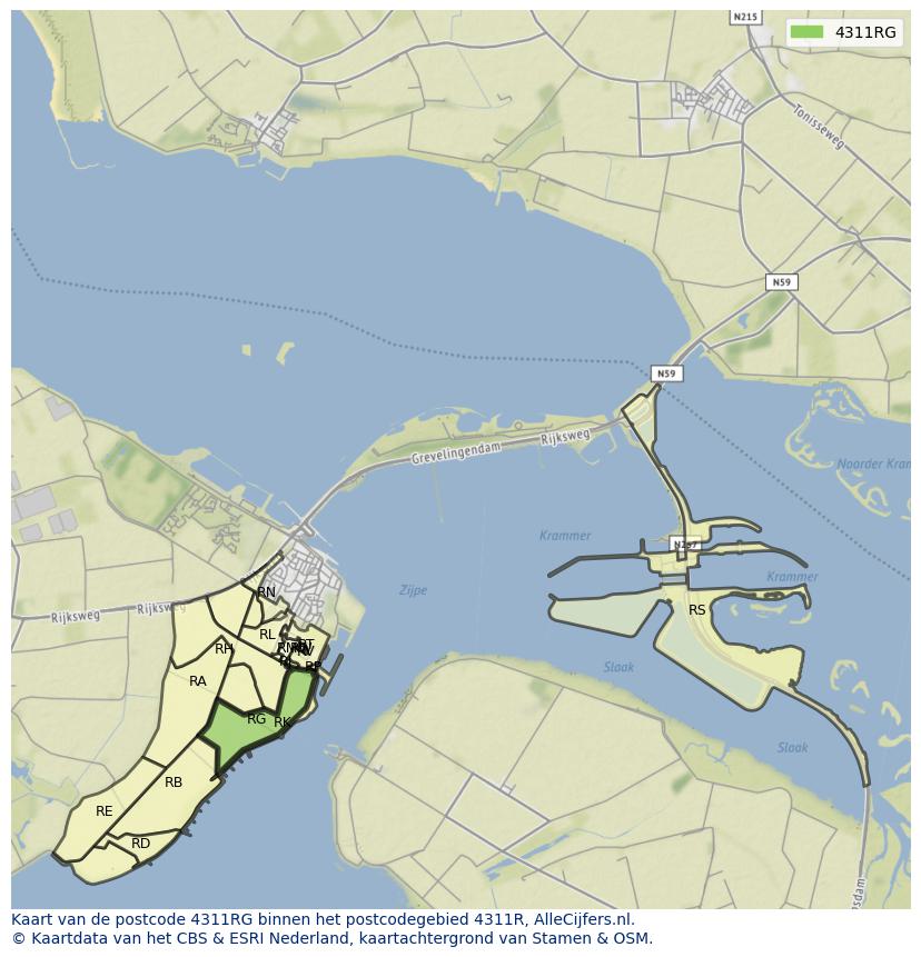 Afbeelding van het postcodegebied 4311 RG op de kaart.