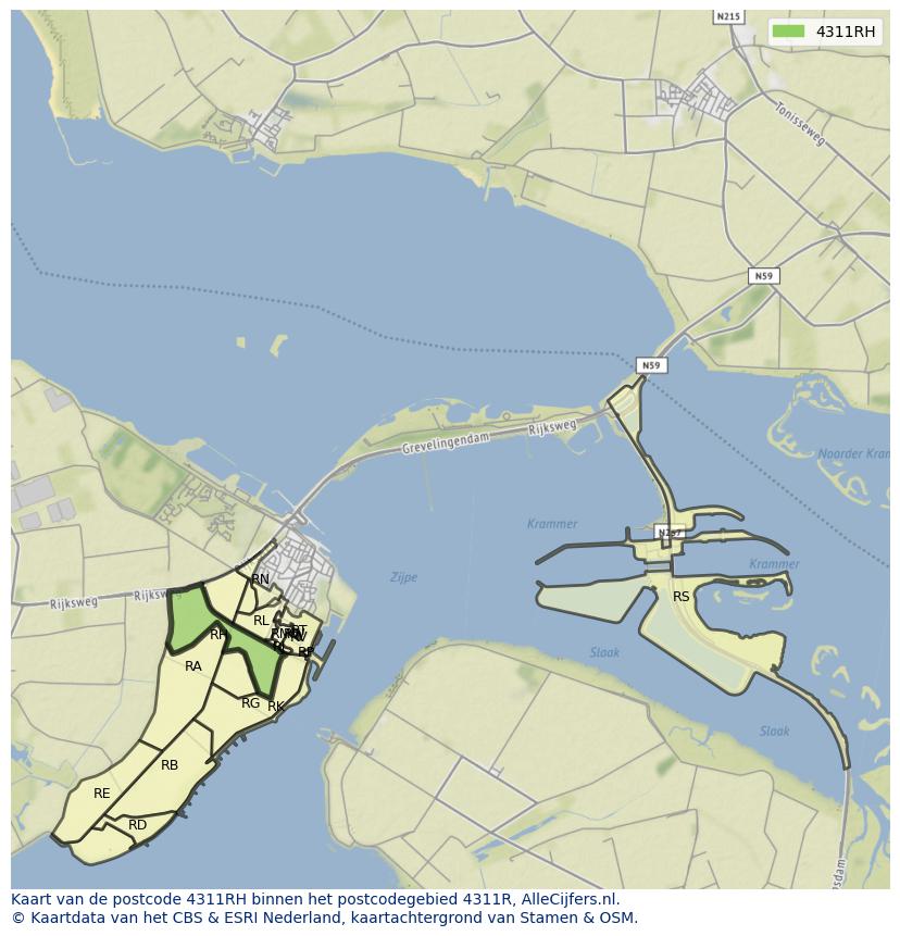 Afbeelding van het postcodegebied 4311 RH op de kaart.