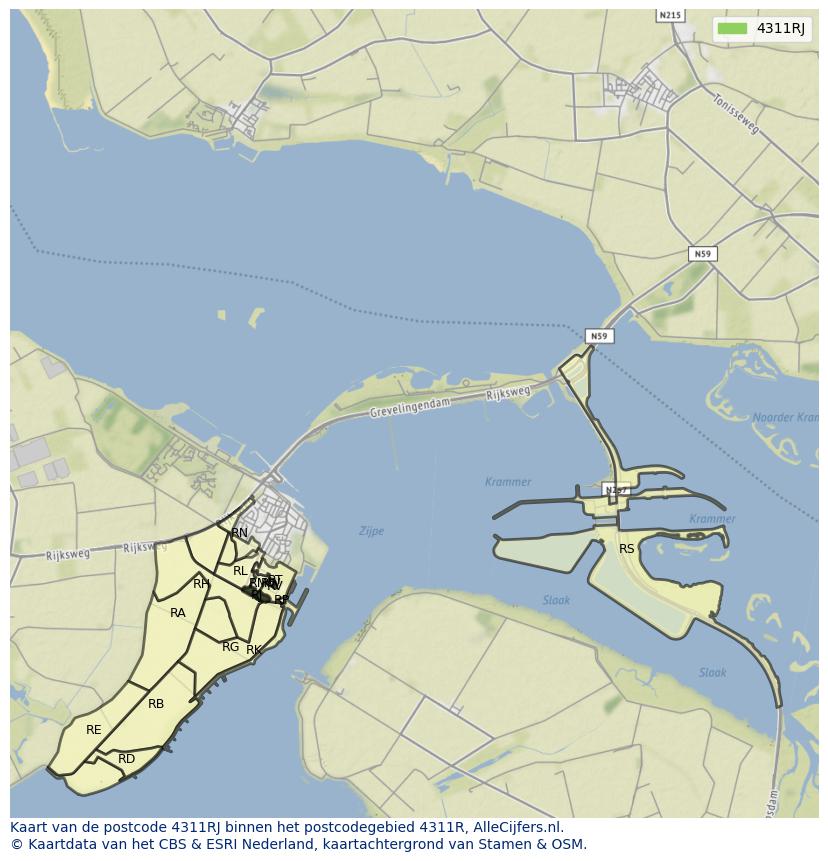 Afbeelding van het postcodegebied 4311 RJ op de kaart.