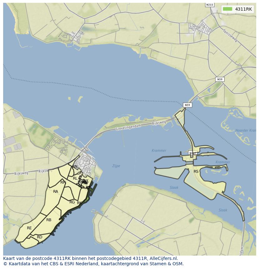 Afbeelding van het postcodegebied 4311 RK op de kaart.