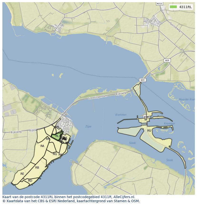 Afbeelding van het postcodegebied 4311 RL op de kaart.