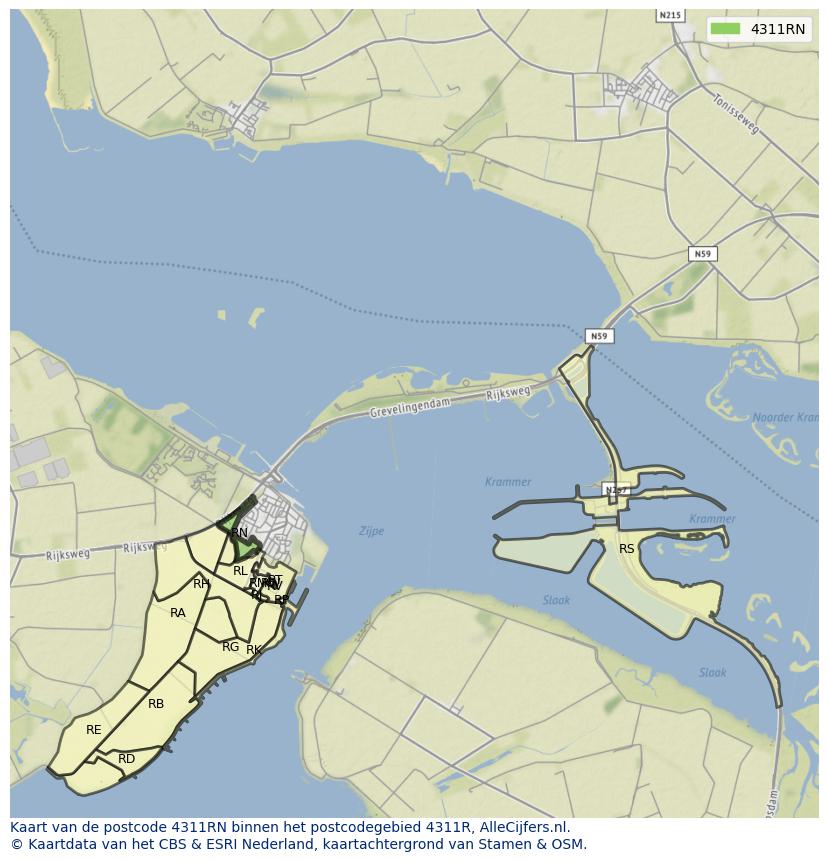 Afbeelding van het postcodegebied 4311 RN op de kaart.