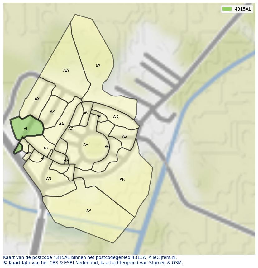 Afbeelding van het postcodegebied 4315 AL op de kaart.