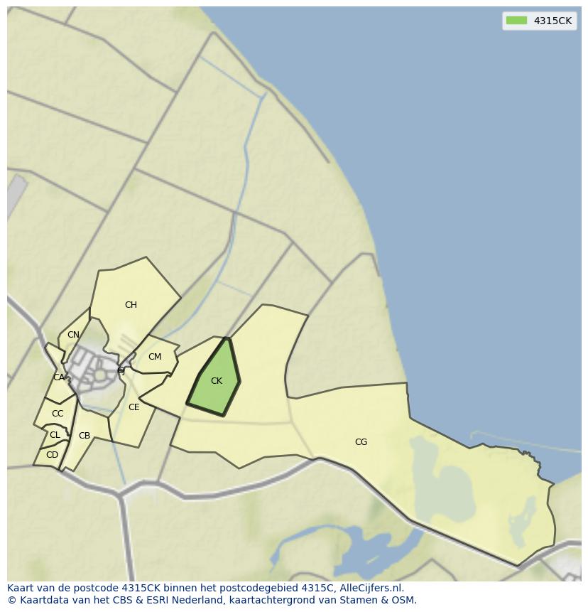 Afbeelding van het postcodegebied 4315 CK op de kaart.
