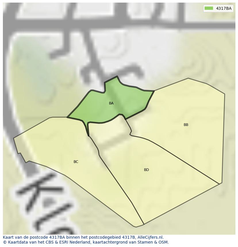 Afbeelding van het postcodegebied 4317 BA op de kaart.