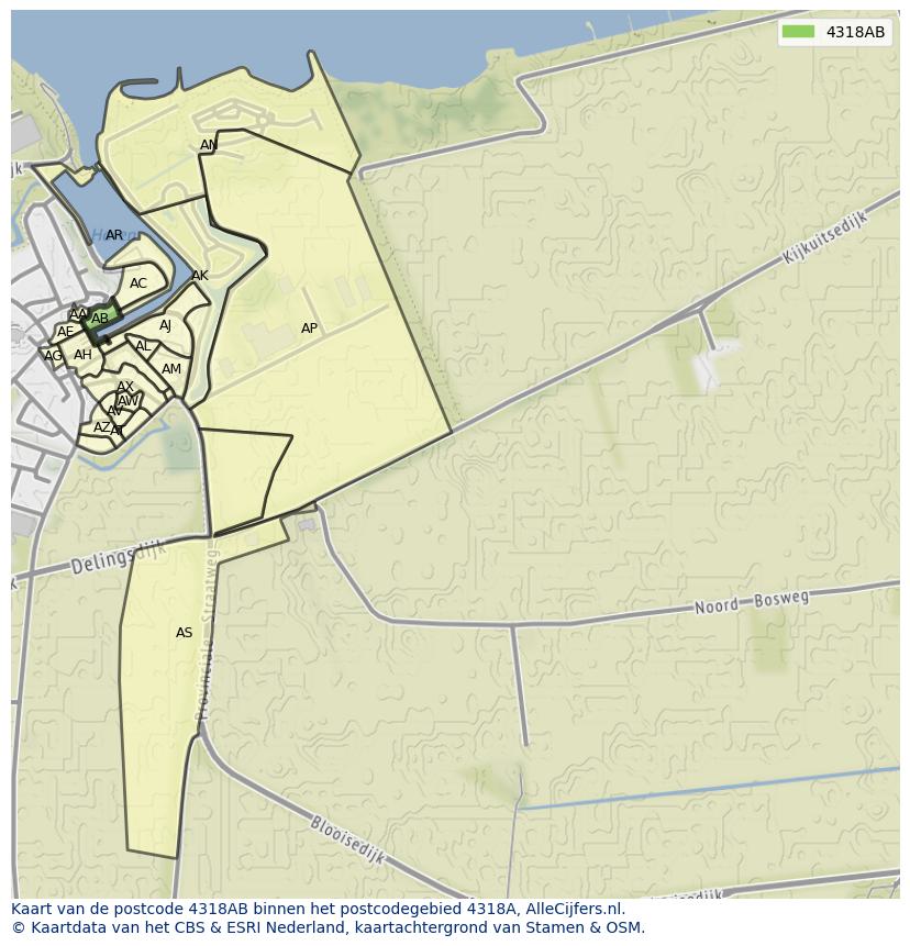 Afbeelding van het postcodegebied 4318 AB op de kaart.