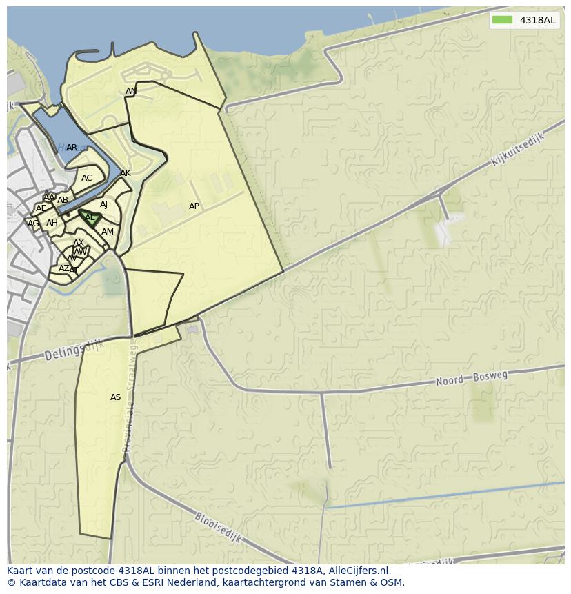 Afbeelding van het postcodegebied 4318 AL op de kaart.