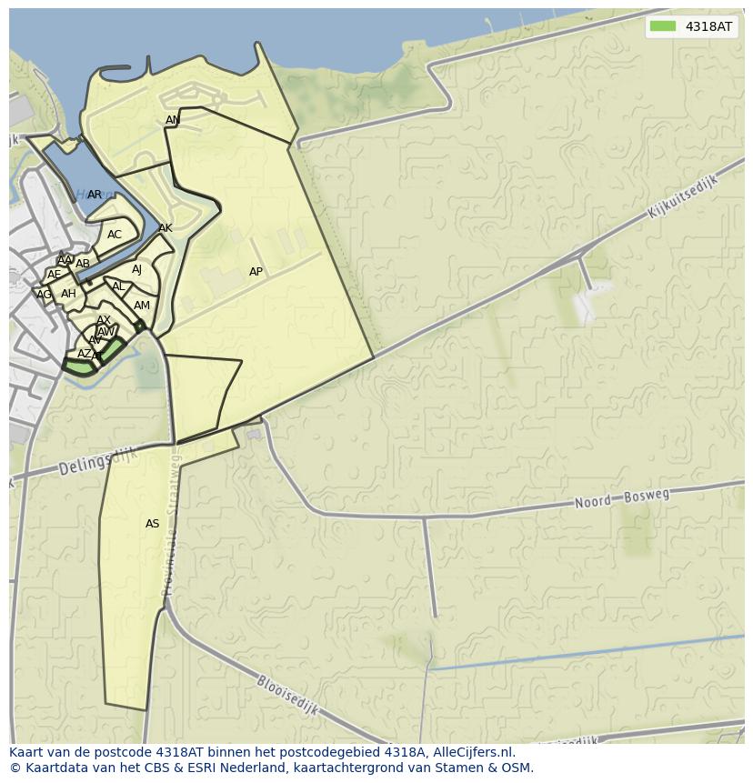 Afbeelding van het postcodegebied 4318 AT op de kaart.