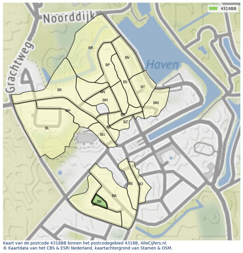 Afbeelding van het postcodegebied 4318 BB op de kaart.