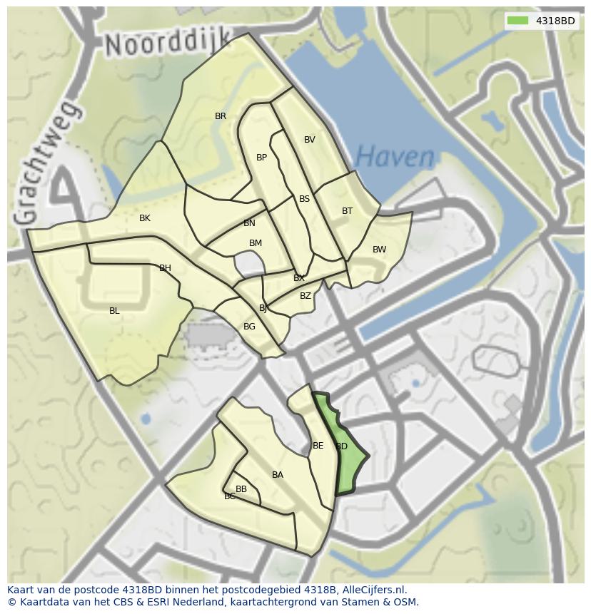 Afbeelding van het postcodegebied 4318 BD op de kaart.