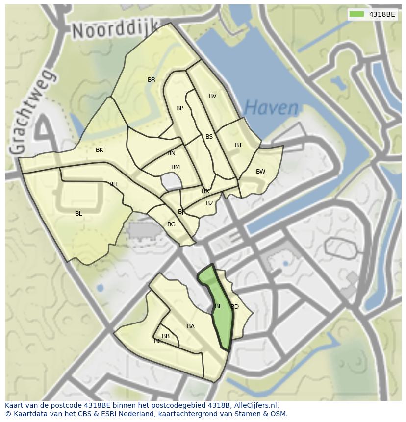 Afbeelding van het postcodegebied 4318 BE op de kaart.