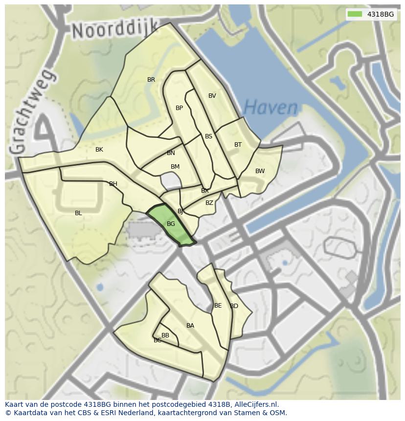 Afbeelding van het postcodegebied 4318 BG op de kaart.